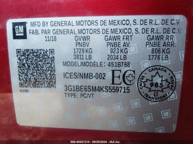 3G1BE6SM4KS559715 Chevrolet CRUZE LT