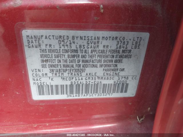 3N1AB7AP1EY305297 Nissan SENTRA SV