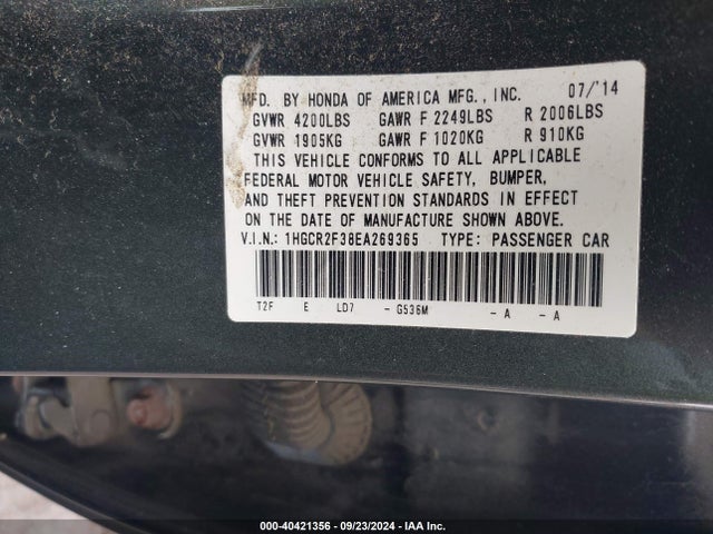 Honda ACCORD LX 2014 1HGCR2F38EA269365 Image 9