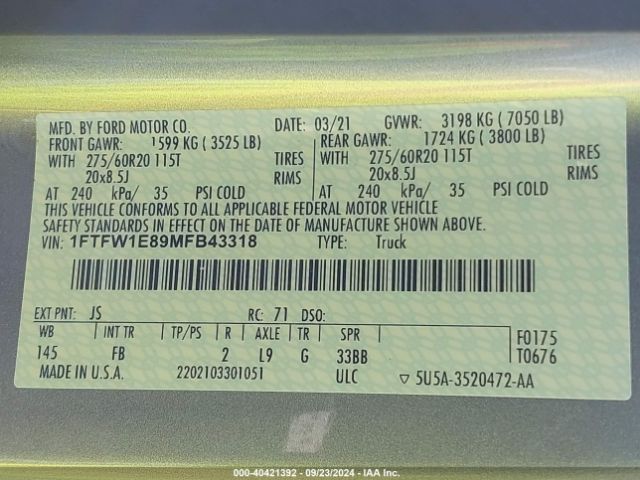 1FTFW1E89MFB43318 Ford F-150 Xlt