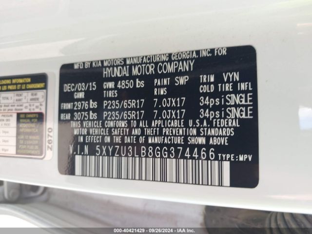 5XYZU3LB8GG374466 Hyundai Santa Fe Sport 2.4l