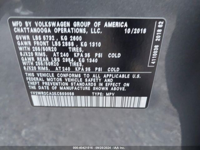 1V2WR2CA2KC503058 Volkswagen Atlas 3.6l V6 Se W/technology