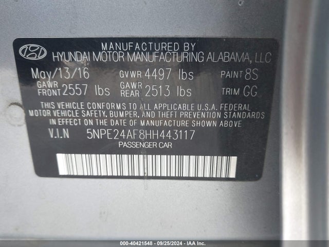 Hyundai Sonata 2017 5NPE24AF8HH443117 Image 9