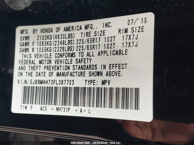 Honda Cr-v Ex-l 2015 5J6RM4H73FL097703 Image 9