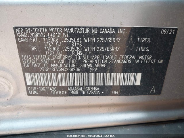 Toyota Rav4 Xle 2021 2T3P1RFV5MC238206 Image 9