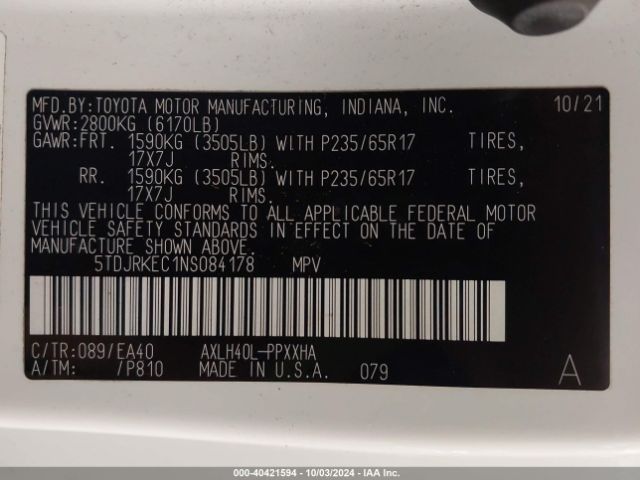 5TDJRKEC1NS084178 Toyota SIENNA XLE