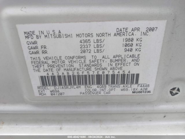 2007 MITSUBISHI GALANT 4A3AB26F57E075454 Photo 8