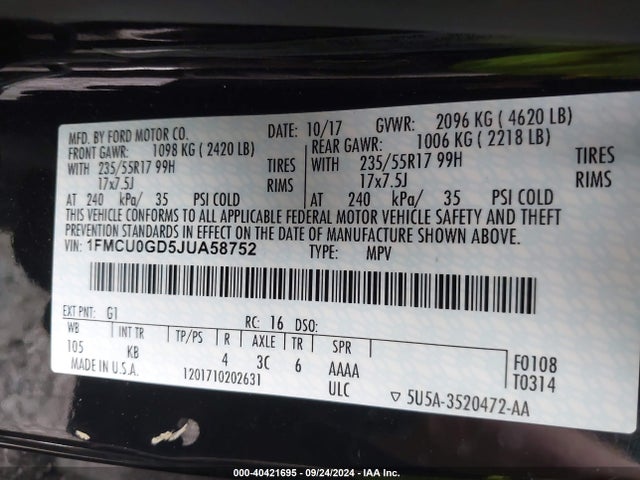 Ford ESCAPE SE 2018 1FMCU0GD5JUA58752 Image 9