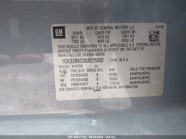 40421750 :رقم المزاد ، 1GKS2BKC5GR275802 vin ، 2016 Gmc Yukon Slt مزاد بيع