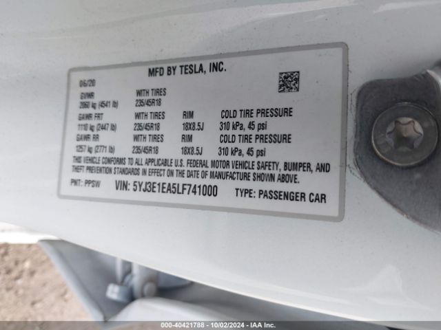 5YJ3E1EA5LF741000 Tesla Model 3 Standard Range Plus Rear-wheel Drive/standard Range Rear-wheel Drive