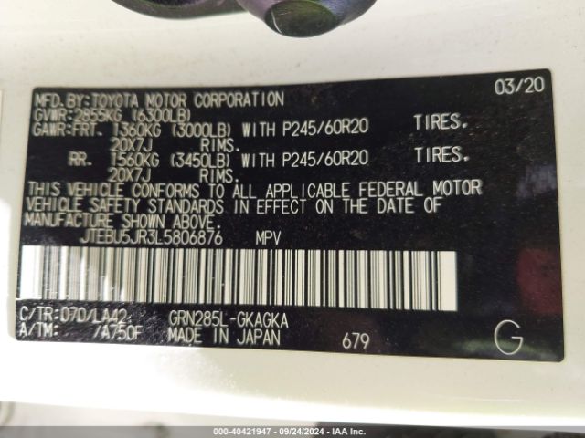 JTEBU5JR3L5806876 Toyota 4runner Limited