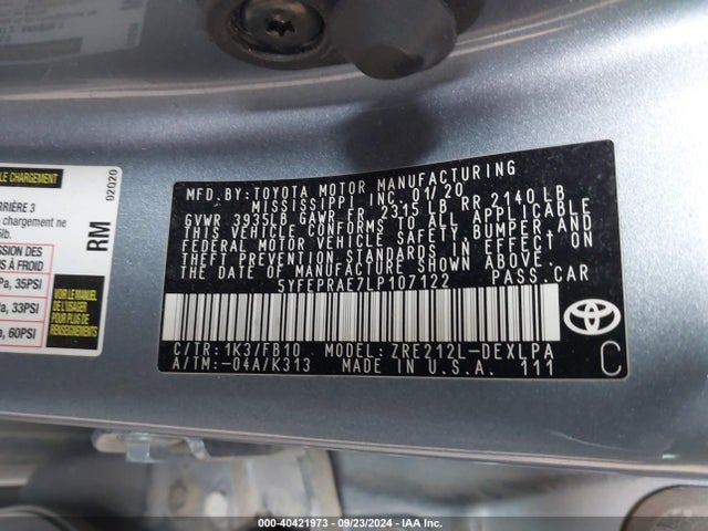 Toyota COROLLA LE 2020 5YFEPRAE7LP107122 Image 9