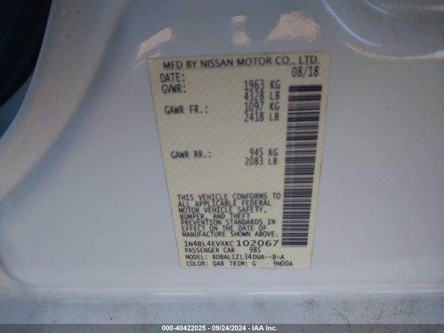 Nissan Altima 2.5 Sl 2019 1N4BL4EVXKC102067 Image 9