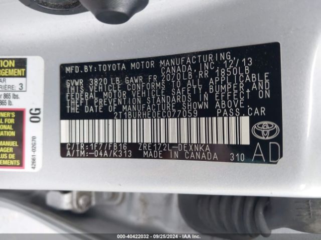 2T1BURHE0EC077059 Toyota COROLLA LE