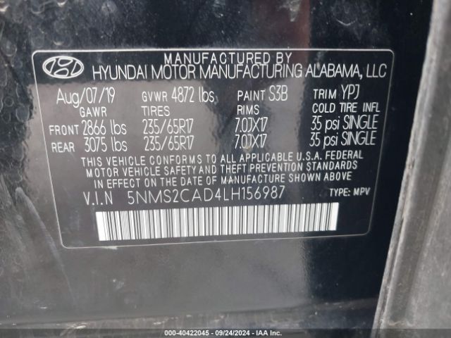 5NMS2CAD4LH156987 Hyundai Santa Fe Se