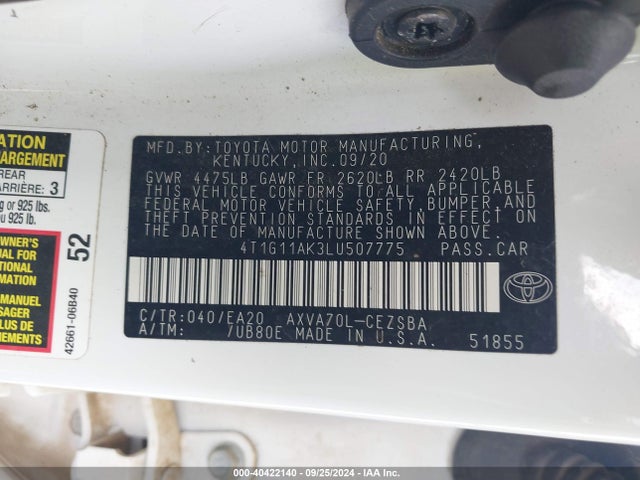 Toyota CAMRY SE 2020 4T1G11AK3LU507775 Image 9