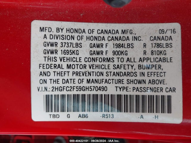 Honda Civic Lx 2016 2HGFC2F59GH570490 Image 9
