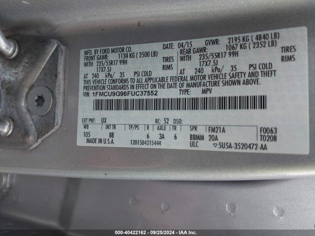 Ford ESCAPE SE 2015 1FMCU9G96FUC37552 Image 9