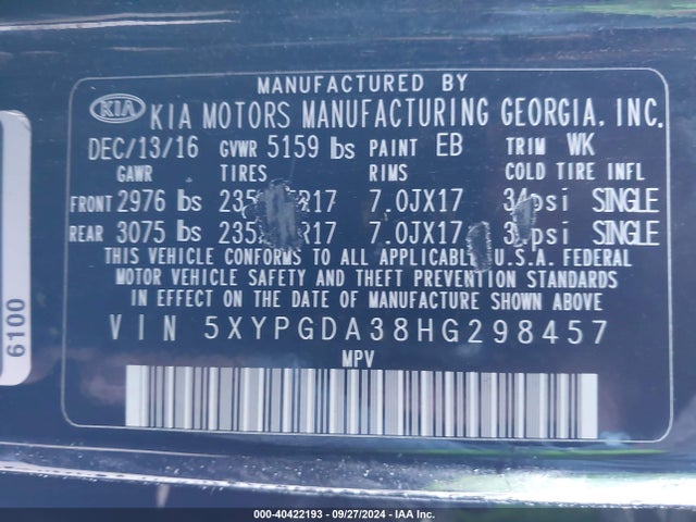 KIA Sorento 2.4l Lx 2017 5XYPGDA38HG298457 Image 9