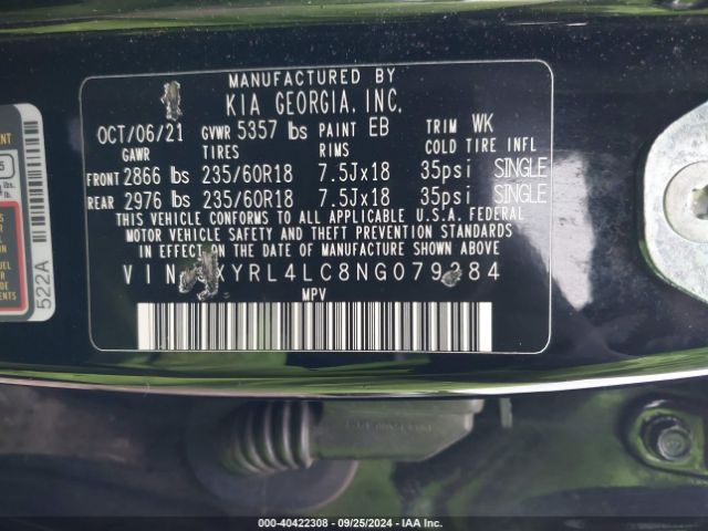 5XYRL4LC8NG079284 KIA SORENTO S