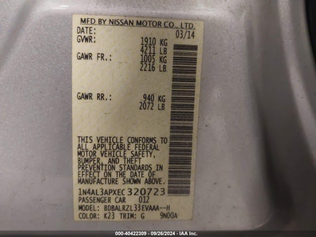 Nissan Altima 2.5 S 2014 1N4AL3APXEC320723 Image 9