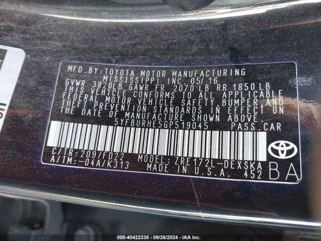 Toyota Corolla S Plus 2016 5YFBURHE5GP519045 Image 9