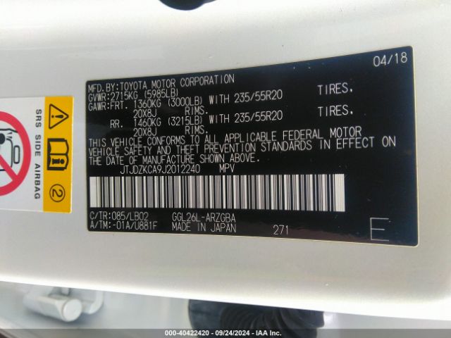 JTJDZKCA9J2012240 Lexus Rx 350l Premium