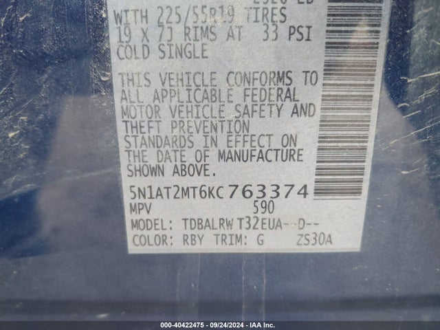 Nissan Rogue Sl 2019 5N1AT2MT6KC763374 Image 9