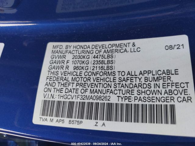 1HGCV1F32MA098262 Honda Accord Sport
