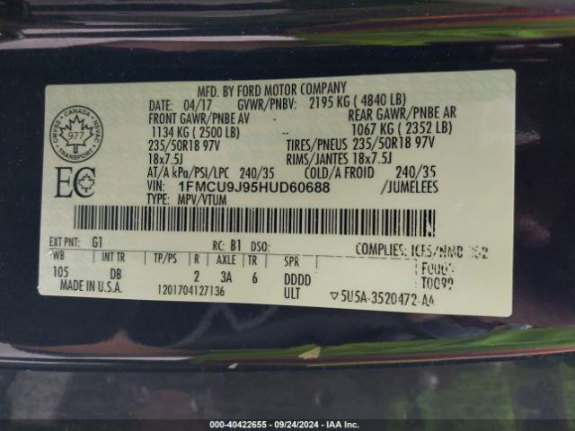 1FMCU9J95HUD60688 Ford Escape Titanium