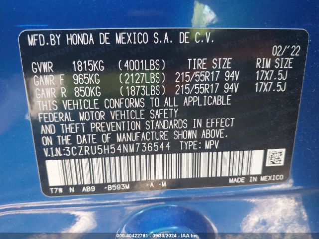 3CZRU5H54NM736544 Honda Hr-v 2wd Ex