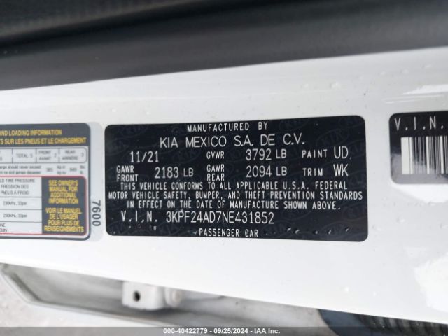 3KPF24AD7NE431852 KIA FORTE FE