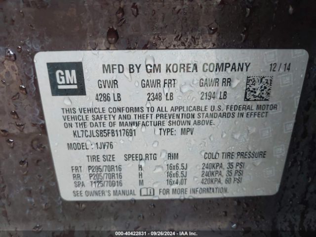 KL7CJLSB5FB117691 Chevrolet Trax Lt