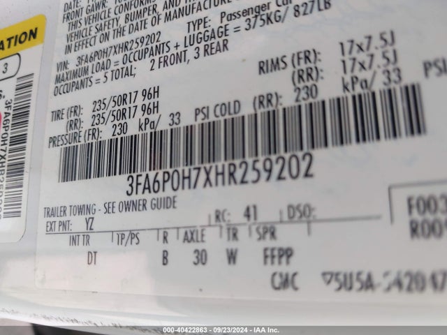 Ford FUSION SE 2017 3FA6P0H7XHR259202 Image 9