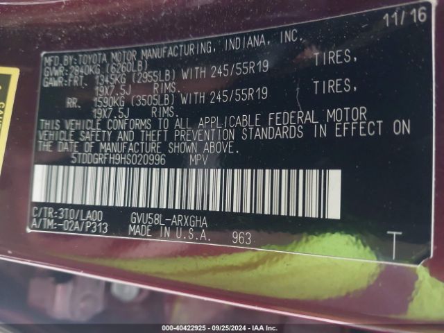5TDDGRFH9HS020996 Toyota Highlander Hybrid Limited