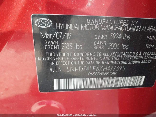 Hyundai ELANTRA SE 2019 5NPD74LF6KH477395 Image 9