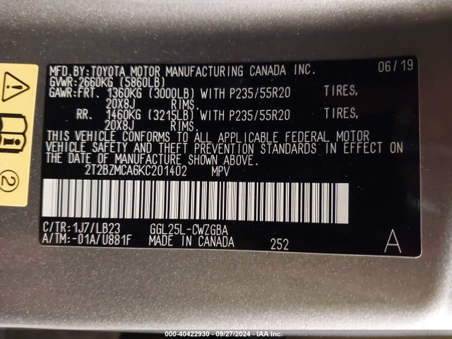 Lexus RX 350 2019 2T2BZMCA6KC201402 Image 9