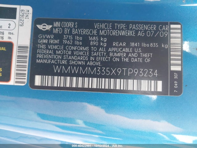 2009 MINI COOPER S CLUBMAN WMWMM335X9TP93234 Photo 8