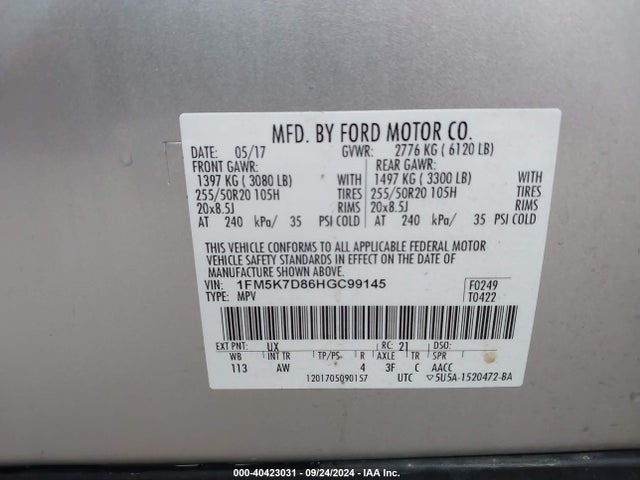 1FM5K7D86HGC99145 Ford EXPLORER XLT