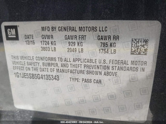 Chevrolet Sonic Ltz Auto 2016 1G1JE5SB5G4135343 Image 9