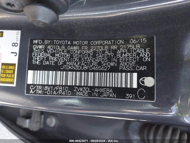 Toyota Prius Two 2015 JTDKN3DU8F0465627 Image 9