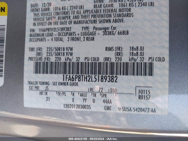 Ford Mustang Ecoboost Fastback 2020 1FA6P8TH2L5189382 Image 9
