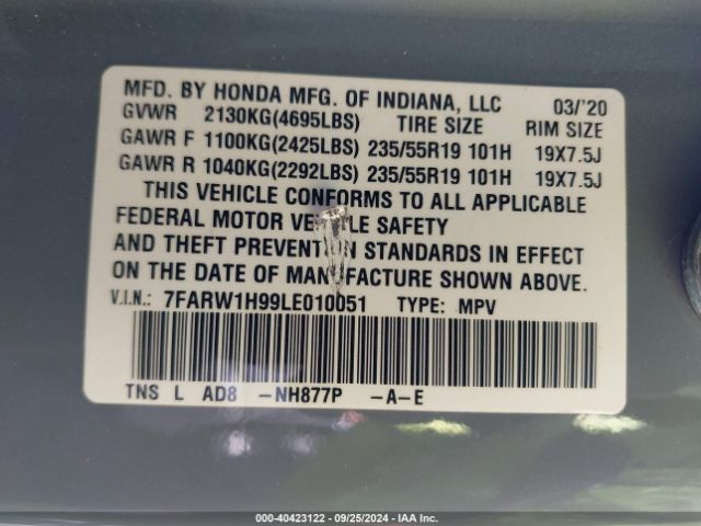 7FARW1H99LE010051 Honda Cr-v 2wd Touring