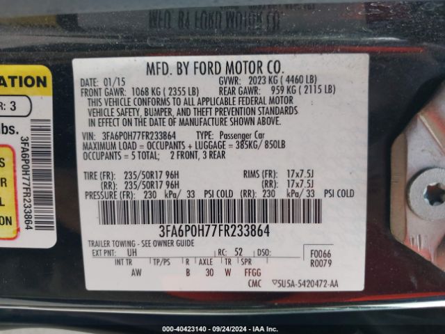 3FA6P0H77FR233864 Ford FUSION SE