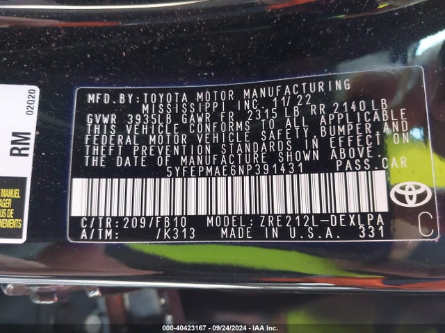 Toyota COROLLA LE 2022 5YFEPMAE6NP391431 Image 9
