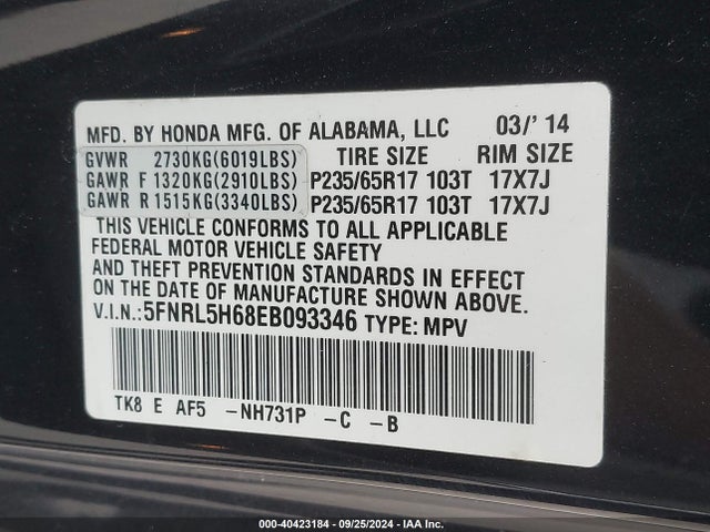 Honda Odyssey Ex-l 2014 5FNRL5H68EB093346 Image 9