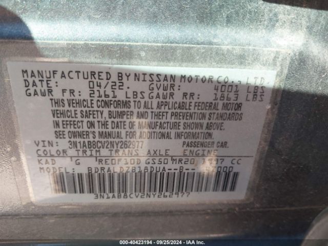 3N1AB8CV2NY262977 Nissan Sentra Sv Xtronic Cvt