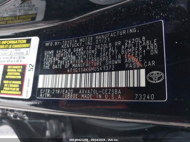 Toyota CAMRY SE 2021 4T1G11AK6MU541372 Image 9