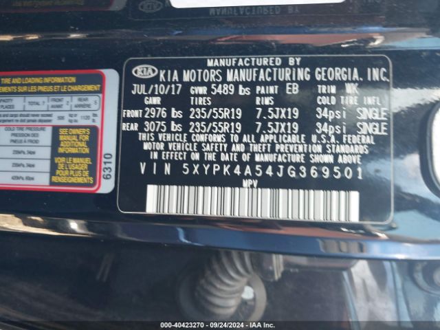 5XYPK4A54JG369501 KIA Sorento 3.3l Sx