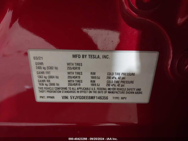 2021 TESLA MODEL Y 5YJYGDEE8MF146356 Photo 8